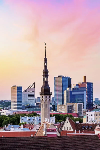 View over the Town Hall spire towards High-rise Buildings at dawn, Tallinn, Estonia
