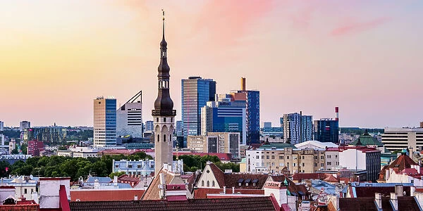 View over the Town Hall spire towards High-rise Buildings at dawn, Tallinn, Estonia