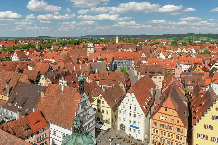 Framed Print : View from the town hall tower over Rothenburg ob der Tauber, Middle Franconia, Romantic road, Tauber valley, Bavaria, Germany