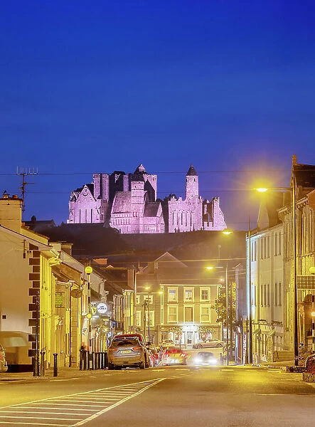 View over the town towards Rock of Cashel at dusk, Cashel, County Tipperary, Ireland