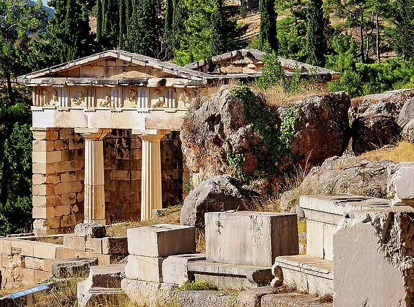 View towards The Treasury of the Athenians, Delphi, Phocis, Greece