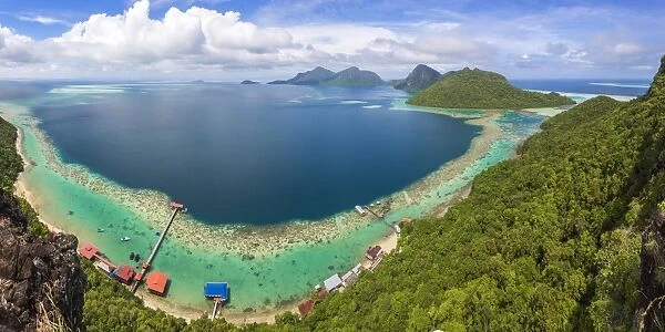 View from tropical island of Tun Sakaran Marine Park, Celebes Sea, nr Semporna, Sabah