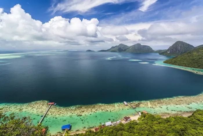 Framed Print : View from tropical island of Tun Sakaran Marine Park, Celebes Sea, nr Semporna, Sabah