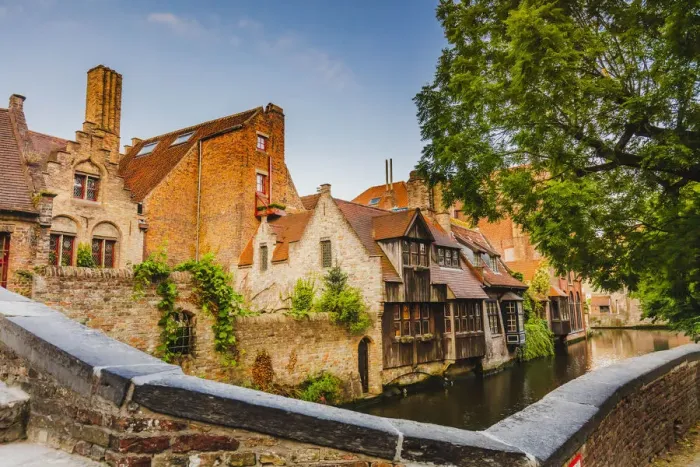 Framed Print : View of the typical houses in Ghent and Bonifacius Bridge, Belgium