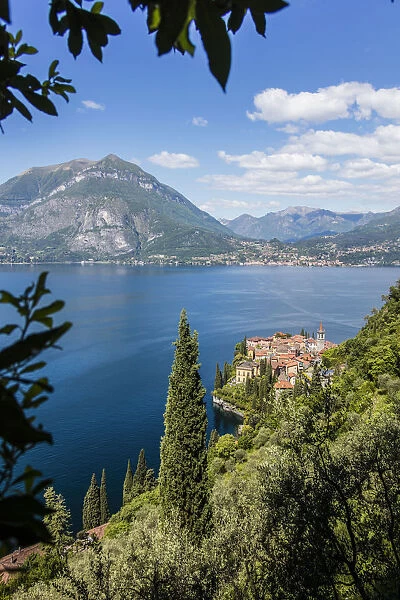View of the typical village of Varenna and Lake Como surrounded by mountains Province