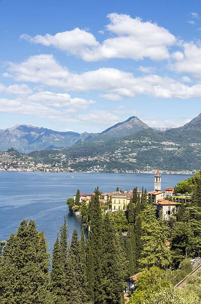 View of the typical village of Varenna and Lake Como surrounded by mountains Province