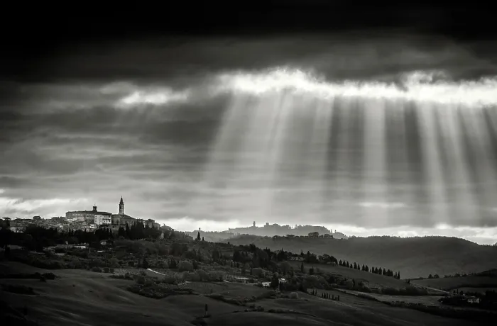 Framed Print : View across the Val d'Orcia towards Pienza beneath a dark, stormy sky, Val d'Orcia, Tuscany, Italy Framed Print : View across the Val d'Orcia towards Pienza beneath a dark, stormy sky, Val d'Orcia, Tuscany, Italy