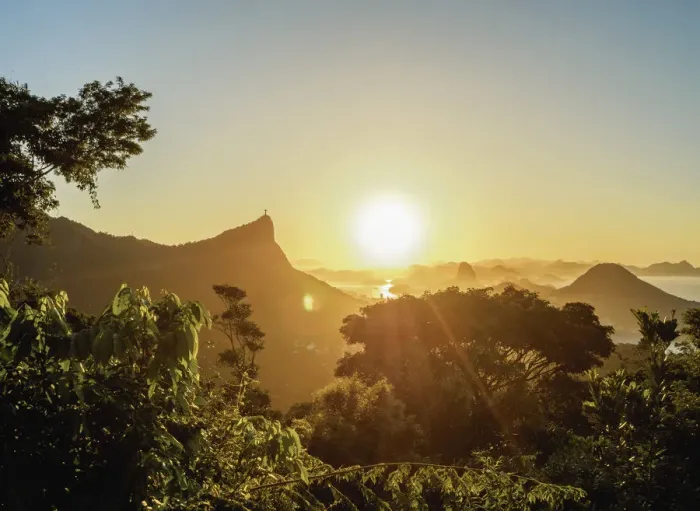 Framed Print : View from Vista Chinesa over Tijuca Forest towards Rio de Janeiro at sunrise, Brazil Framed Print : View from Vista Chinesa over Tijuca Forest towards Rio de Janeiro at sunrise, Brazil