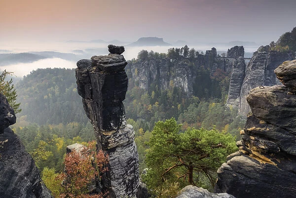 View of Wehlnadel (Needles and view of the Bastei rocks in the Elbe Sandstone Mountains