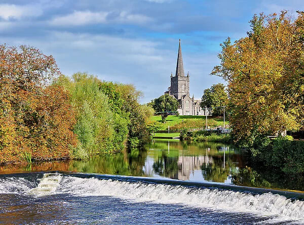 View over weir at River Suir towards Saint Paul's Church of Ireland, Cahir, County Tipperary, Ireland