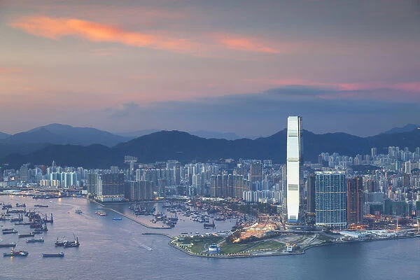 View of West Kowloon and International Commerce Centre (ICC) at sunset, Kowloon, Hong