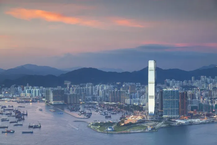 Framed Print : View of West Kowloon and International Commerce Centre (ICC) at sunset, Kowloon, Hong