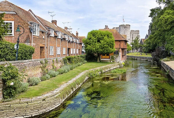 View towards Westgate Towers along River Stour, Canterbury, Kent, England