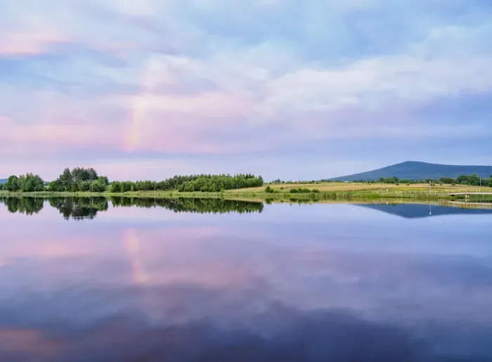 Framed Print : View over Wilkow Artificial Lake towards the Lysica Mountain and a rainbow Framed Print : View over Wilkow Artificial Lake towards the Lysica Mountain and a rainbow