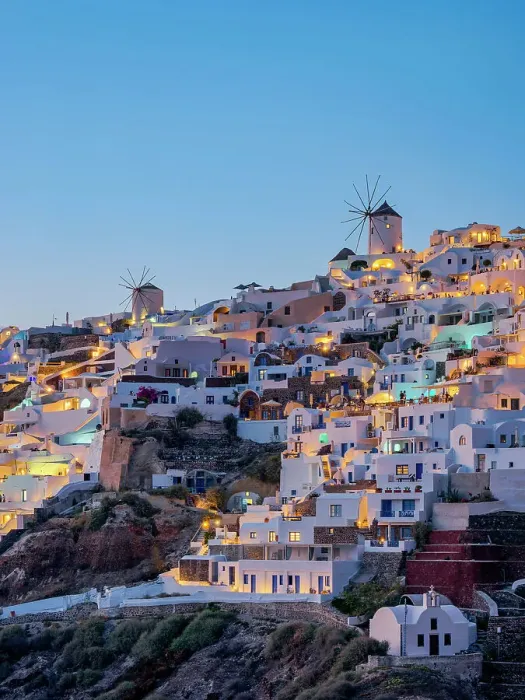 Framed Print : View towards the windmills at dusk, Oia Village, Santorini or Thira Island, Cyclades, Greece Framed Print : View towards the windmills at dusk, Oia Village, Santorini or Thira Island, Cyclades, Greece
