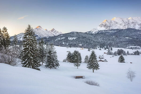 View over winter landscape to Karwendel Range, Klais near Mittenwald, Bavarian Alps