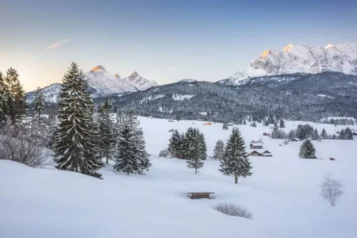Framed Print : View over winter landscape to Karwendel Range, Klais near Mittenwald, Bavarian Alps Framed Print : View over winter landscape to Karwendel Range, Klais near Mittenwald, Bavarian Alps