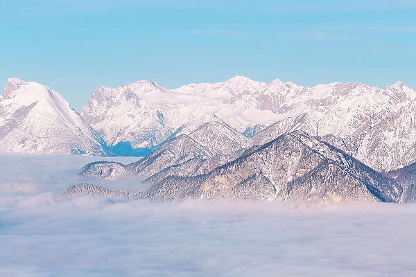 The view over Zugspitze mountain on a foggy morning in the Inn valley, Patscherkofel mountain, Innsbruck Land, Tyrol, Austria