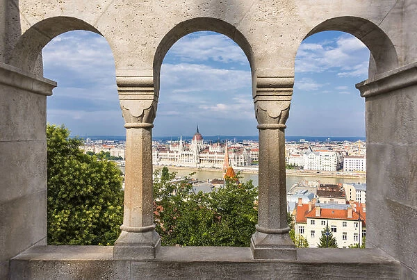 Views towards Danube and Hungarian Parliament from the arches of Fishermans Bastion
