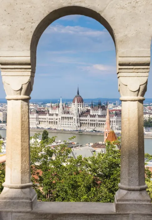 Framed Print : Views towards Danube and Hungarian Parliament from the arches of Fishermans Bastion Framed Print : Views towards Danube and Hungarian Parliament from the arches of Fishermans Bastion