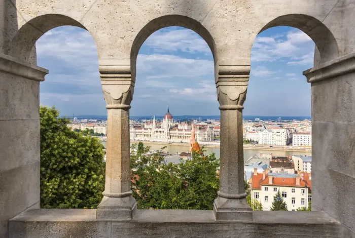 Framed Print : Views towards Danube and Hungarian Parliament from the arches of Fishermans Bastion