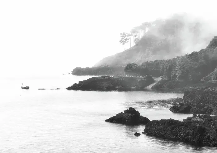 Framed Print : Views from the Fermain Bay in the morning fog, Guernsey, Channel Islands Framed Print : Views from the Fermain Bay in the morning fog, Guernsey, Channel Islands