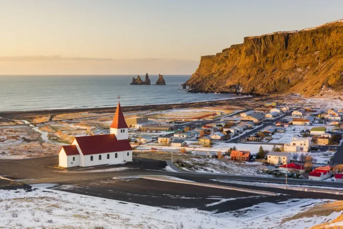 Framed Print : Vik i Myrdal, Southern Iceland, Iceland. High angle view over Viks church