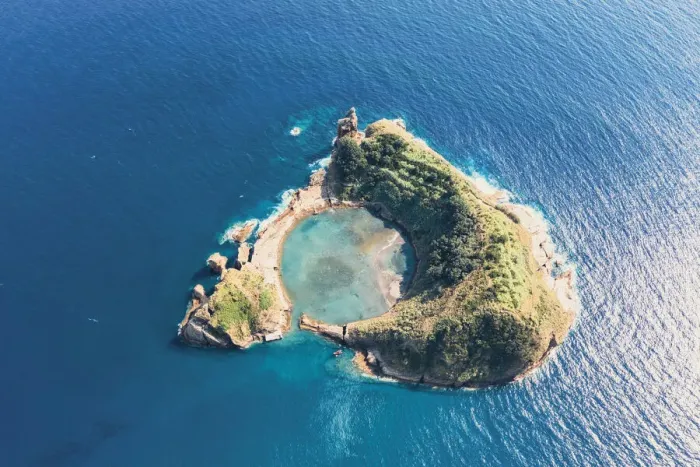 Framed Print : Vila Franca do Campo Islet, Sao Miguel island, Azores, Portugal. Aerial view Framed Print : Vila Franca do Campo Islet, Sao Miguel island, Azores, Portugal. Aerial view