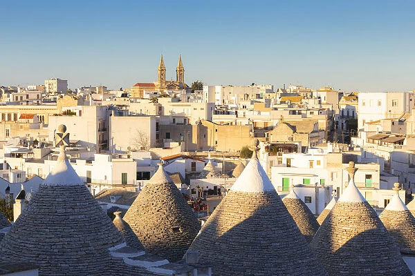 Village of Alberobello illuminated by sun with trulli houses in the foreground