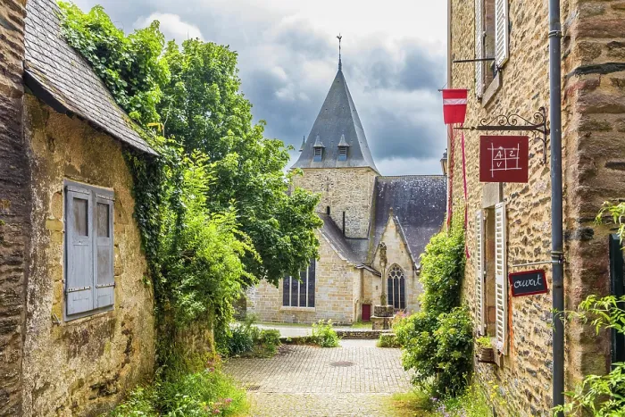 Framed Print : Village alley to Notre-Dame-de-la-Tronchaye church, Rochefort-en-Terre, Morbihan, Brittany, France Framed Print : Village alley to Notre-Dame-de-la-Tronchaye church, Rochefort-en-Terre, Morbihan, Brittany, France
