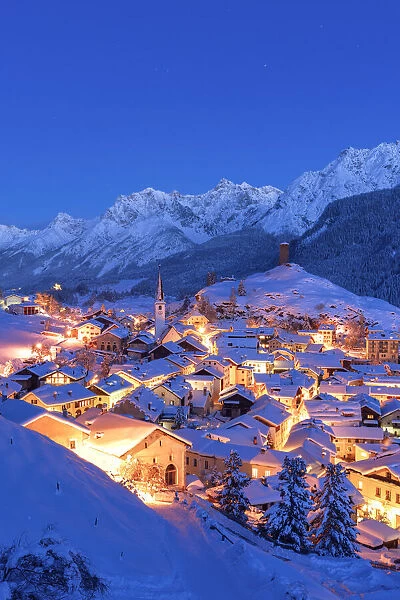 Village of Ardez at blue hour, canton of Graubunden, Engadine, Switzerland