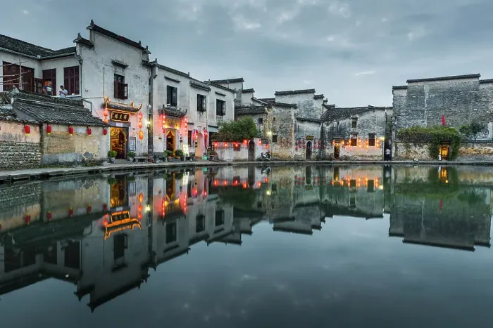 Framed Print : Village buildings reflected in pond, Hongcun, China Framed Print : Village buildings reflected in pond, Hongcun, China