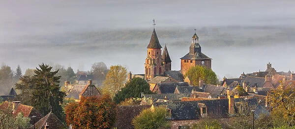The village of Collonges-la-Rouge on a misty morning, Correze, Nouvelle-Aquitaine, France