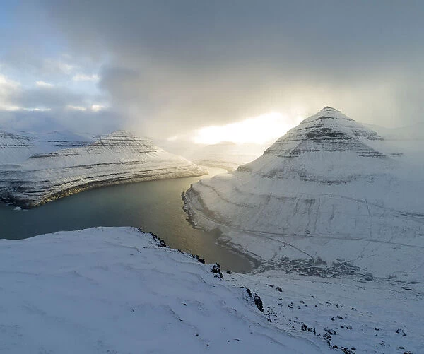 The village of Funningur covered by snow. Eysturoy, Faroe Islands
