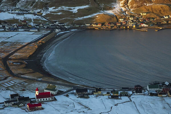 The village of Hvalba covered by snow. Suðuroy, Faroe Islands