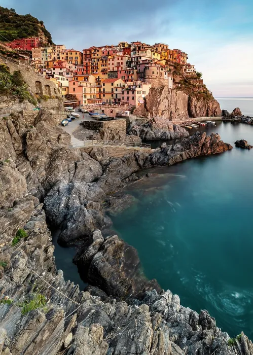 Framed Print : The village of Manarola at dusk, Cinque Terre, La Spezia district, Liguria, Italy Framed Print : The village of Manarola at dusk, Cinque Terre, La Spezia district, Liguria, Italy