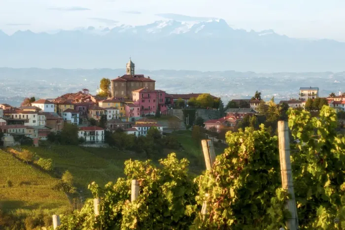 Framed Print : The village of Mango with the Pink mount on the background, Mango, Piedmont, Italy