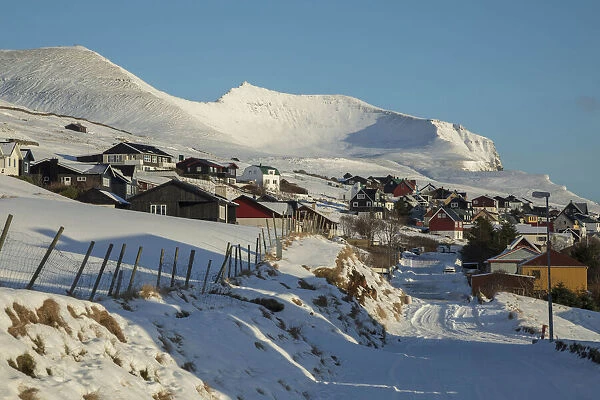 The village of Miðvagur covered by snow. Vagar, Faroe Islands
