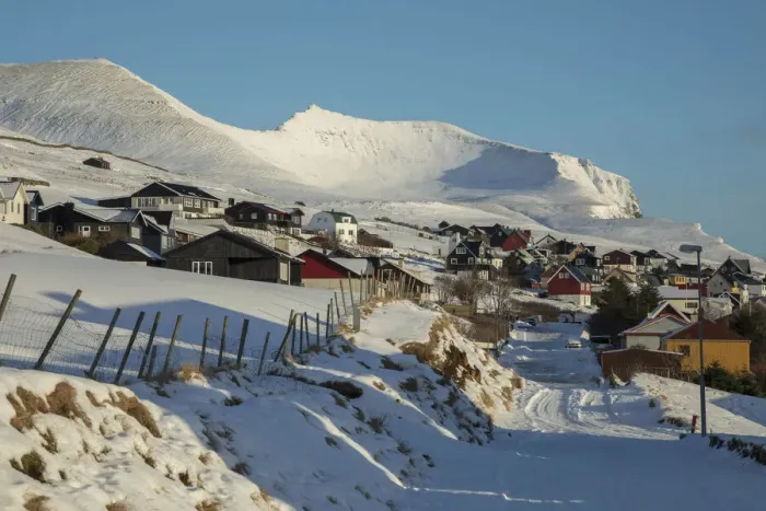 Framed Print : The village of Miðvagur covered by snow. Vagar, Faroe Islands Framed Print : The village of Miðvagur covered by snow. Vagar, Faroe Islands