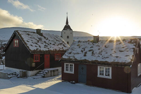The village of Miðvagur covered by snow. Vagar, Faroe Islands