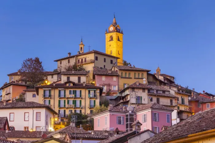 Framed Print : Village of Monforte d Alba at twilight, Langhe, Piedmont, Italy, Europe Framed Print : Village of Monforte d Alba at twilight, Langhe, Piedmont, Italy, Europe