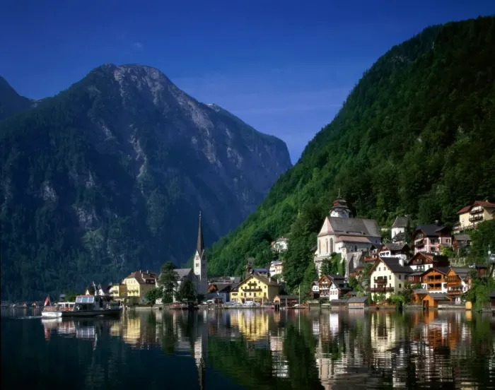 Framed Print : Village with Mountains & Lake, Hallstatt, Salzkammergut, Austria
