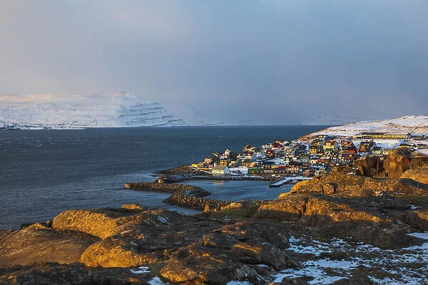 The village of Nolsoy covered by snow. Nolsoy, Faroe Islands