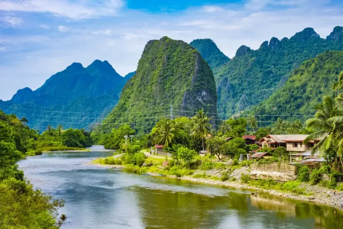 Framed Print : Village of Pha Tang and karst landscape on the Nam Song River, Vientiane Province, Laos Framed Print : Village of Pha Tang and karst landscape on the Nam Song River, Vientiane Province, Laos