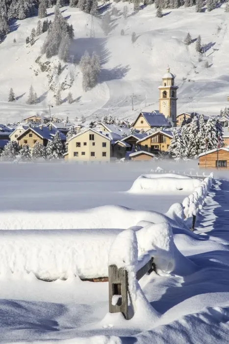 Framed Print : The village of Samedan in Engadine in winter. Canton of Graubunden. Switzerland Framed Print : The village of Samedan in Engadine in winter. Canton of Graubunden. Switzerland
