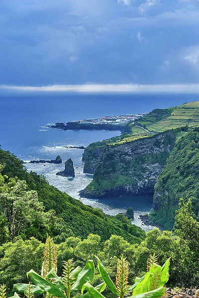 The village of Santa Cruz and the coastline. Flores island, Azores archipelago. Portugal