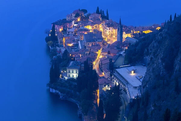 Village of Varenna from above at dusk. Como Lake, Lombardy, Italy