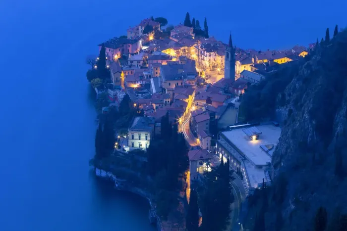 Framed Print : Village of Varenna from above at dusk. Como Lake, Lombardy, Italy