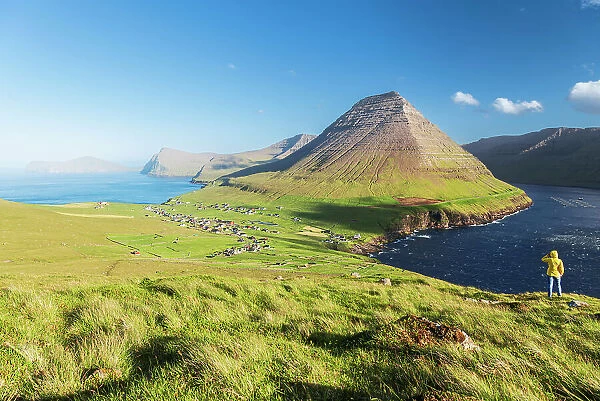 Village of Vidareidi in the sunshine, Vidoy island, Faroe islands, Denmark (MR)