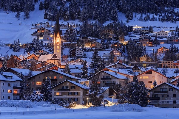 The village of Zuoz, in Engadin, during a very cold nigth of winter, Grisons, Switzerland